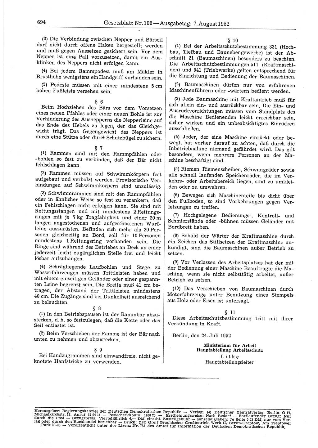 Gesetzblatt (GBl.) der Deutschen Demokratischen Republik (DDR) 1952, Seite 694 (GBl. DDR 1952, S. 694)