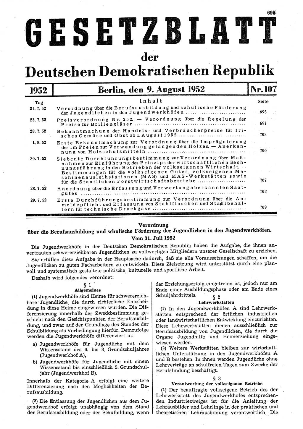Gesetzblatt (GBl.) der Deutschen Demokratischen Republik (DDR) 1952, Seite 695 (GBl. DDR 1952, S. 695)