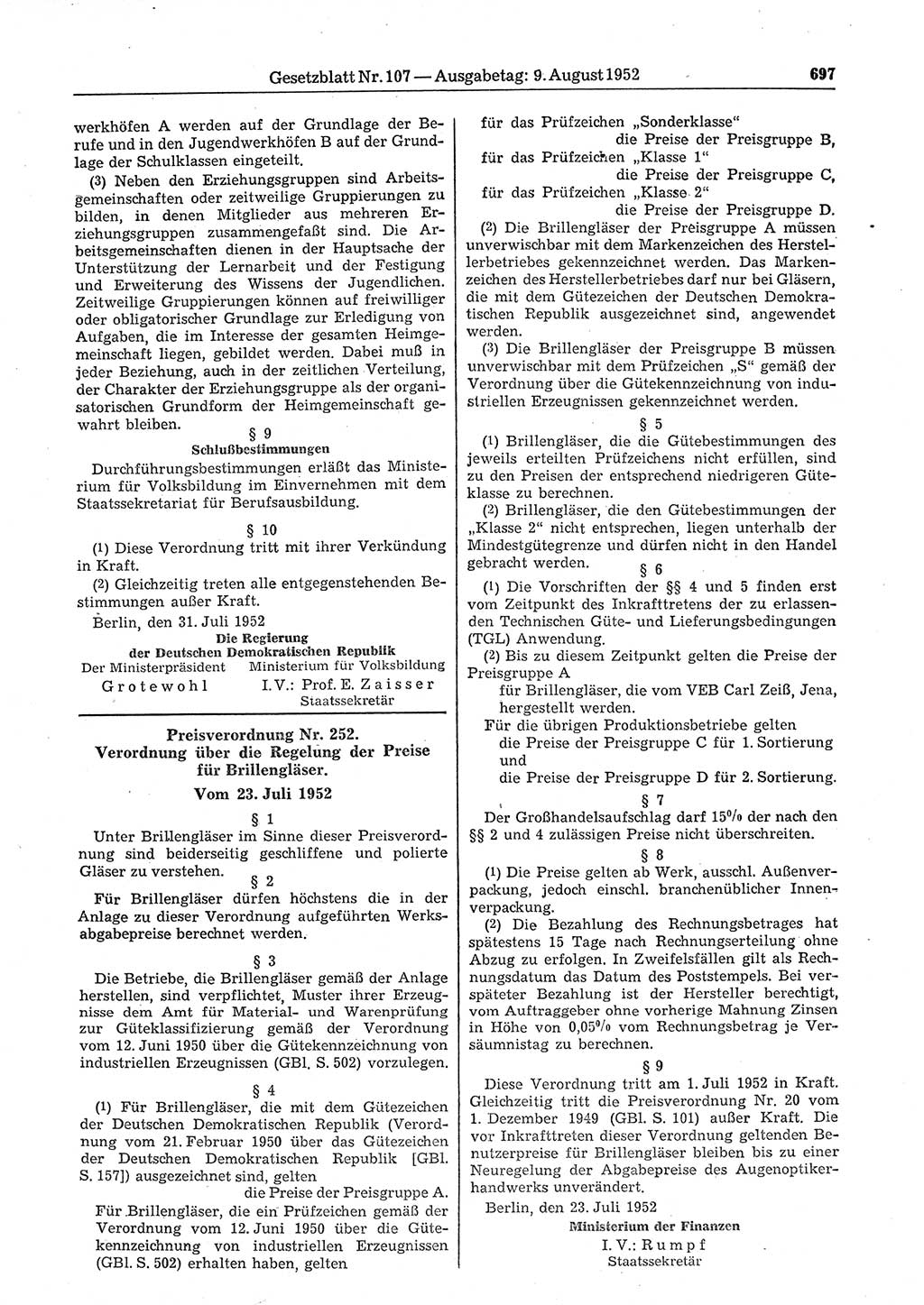 Gesetzblatt (GBl.) der Deutschen Demokratischen Republik (DDR) 1952, Seite 697 (GBl. DDR 1952, S. 697)