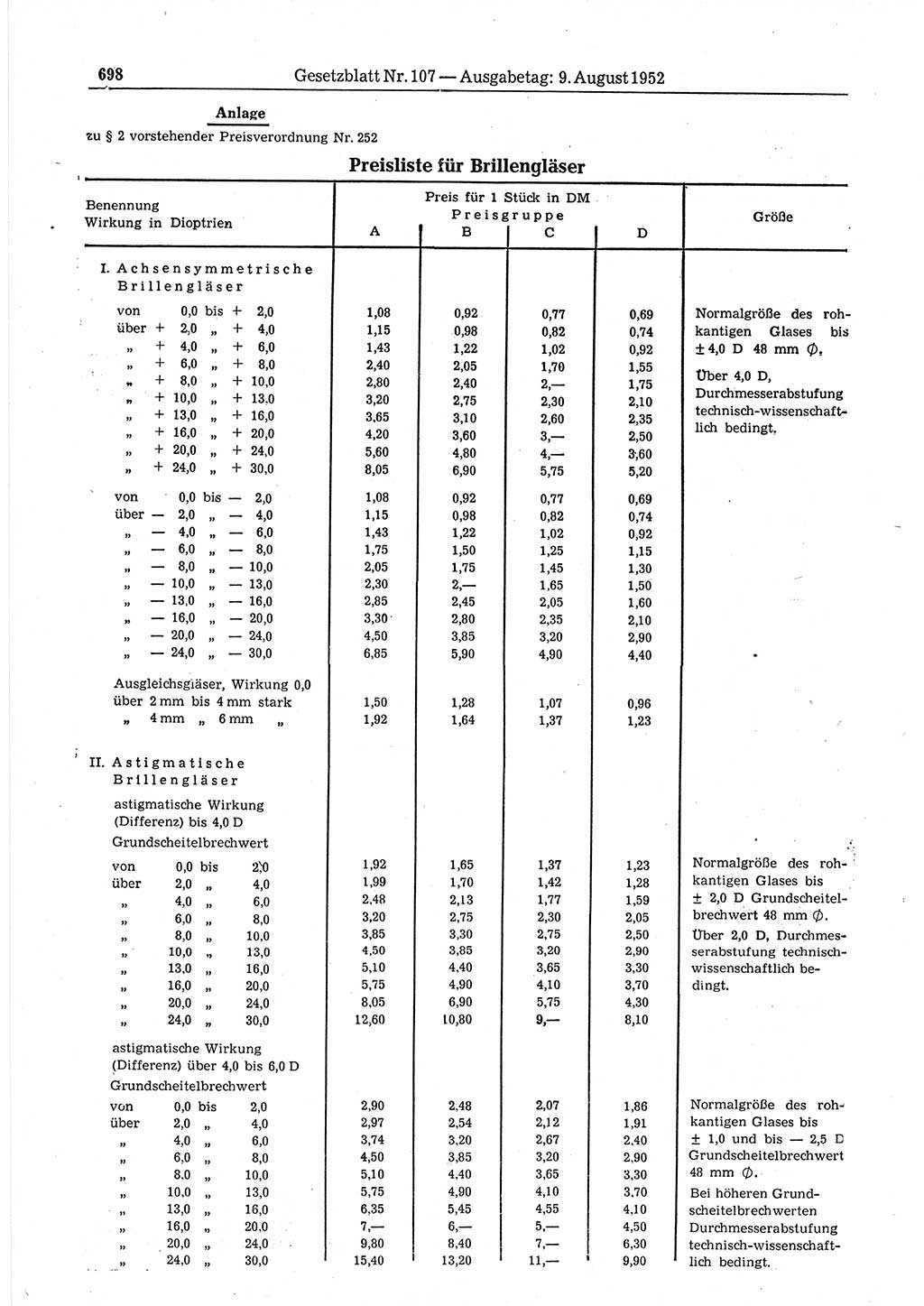 Gesetzblatt (GBl.) der Deutschen Demokratischen Republik (DDR) 1952, Seite 698 (GBl. DDR 1952, S. 698)