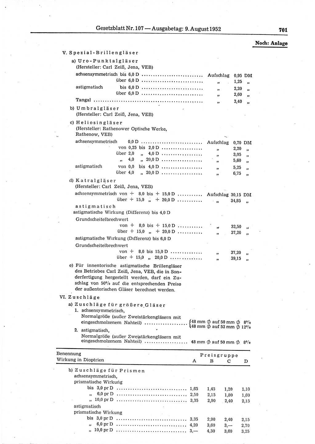 Gesetzblatt (GBl.) der Deutschen Demokratischen Republik (DDR) 1952, Seite 701 (GBl. DDR 1952, S. 701)