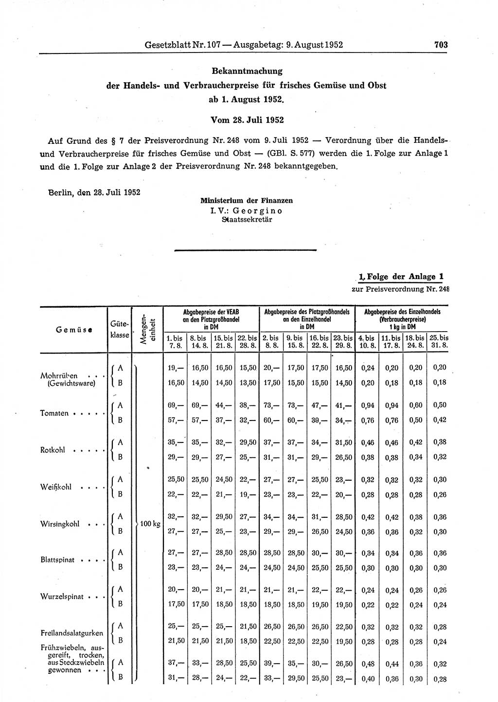 Gesetzblatt (GBl.) der Deutschen Demokratischen Republik (DDR) 1952, Seite 703 (GBl. DDR 1952, S. 703)