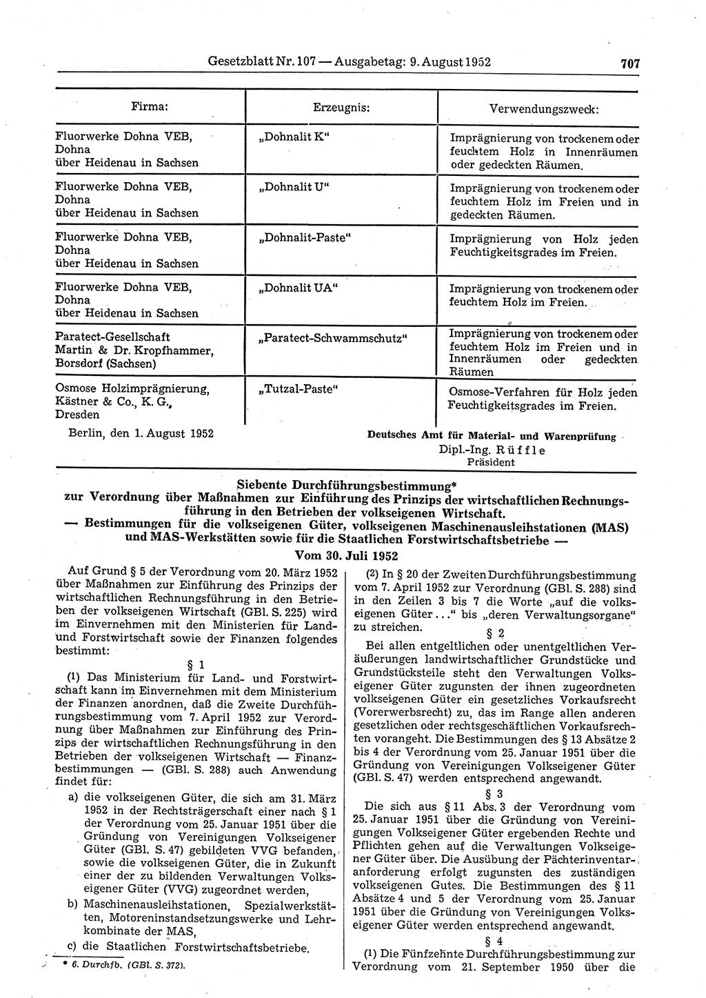 Gesetzblatt (GBl.) der Deutschen Demokratischen Republik (DDR) 1952, Seite 707 (GBl. DDR 1952, S. 707)