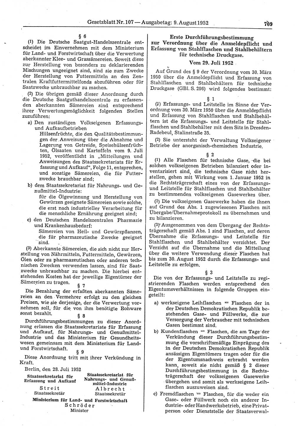 Gesetzblatt (GBl.) der Deutschen Demokratischen Republik (DDR) 1952, Seite 709 (GBl. DDR 1952, S. 709)
