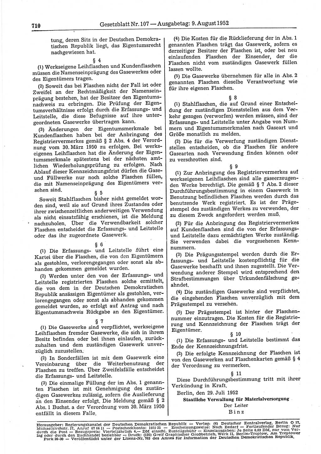 Gesetzblatt (GBl.) der Deutschen Demokratischen Republik (DDR) 1952, Seite 710 (GBl. DDR 1952, S. 710)