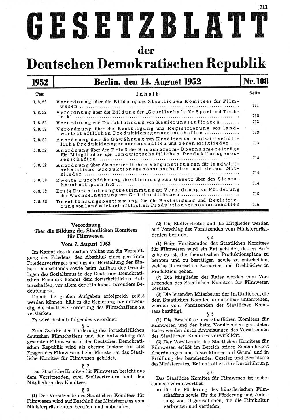 Gesetzblatt (GBl.) der Deutschen Demokratischen Republik (DDR) 1952, Seite 711 (GBl. DDR 1952, S. 711)