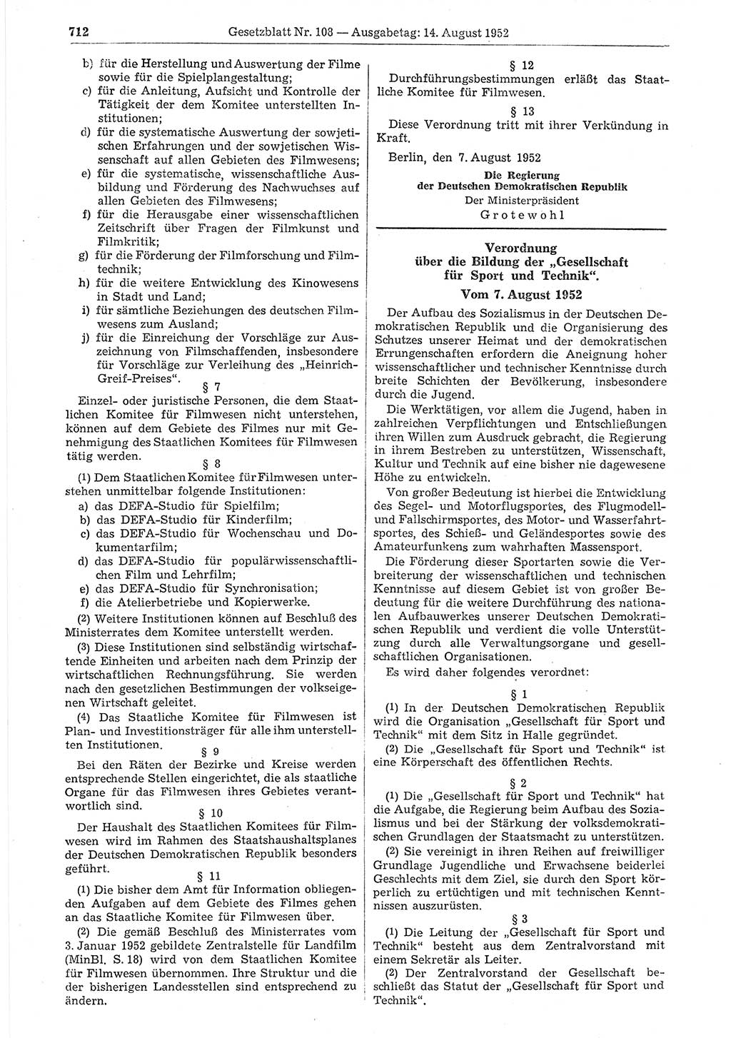 Gesetzblatt (GBl.) der Deutschen Demokratischen Republik (DDR) 1952, Seite 712 (GBl. DDR 1952, S. 712)