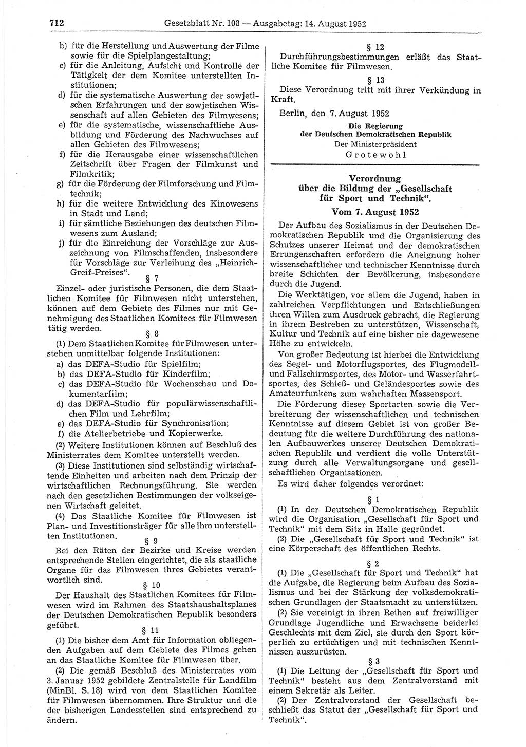 Gesetzblatt (GBl.) der Deutschen Demokratischen Republik (DDR) 1952, Seite 712 (GBl. DDR 1952, S. 712)