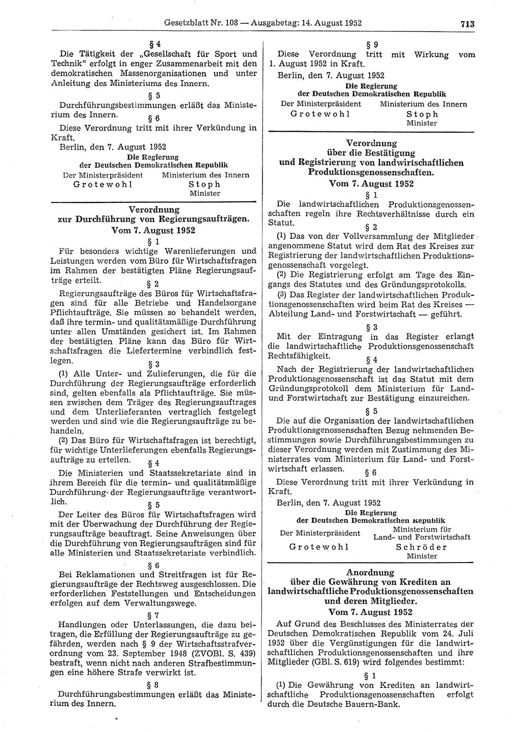 Gesetzblatt (GBl.) der Deutschen Demokratischen Republik (DDR) 1952, Seite 713 (GBl. DDR 1952, S. 713)
