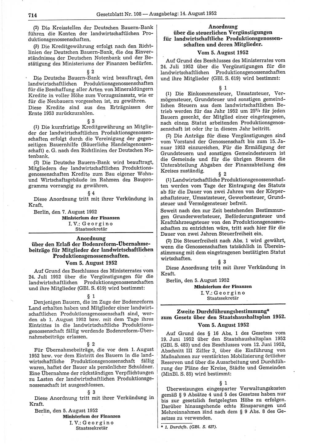 Gesetzblatt (GBl.) der Deutschen Demokratischen Republik (DDR) 1952, Seite 714 (GBl. DDR 1952, S. 714)