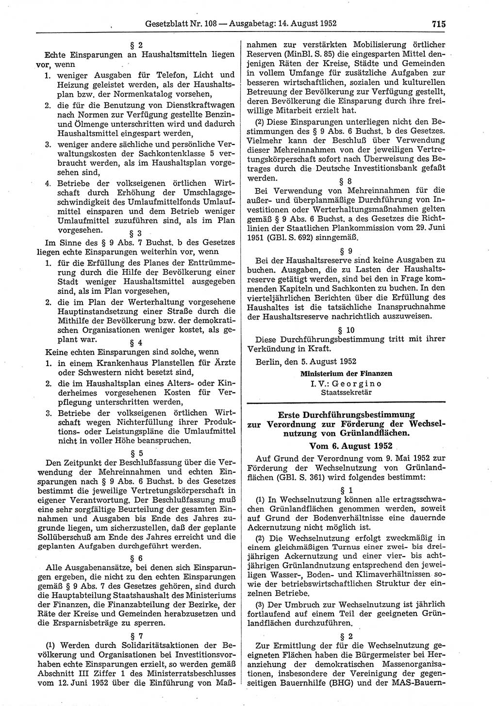 Gesetzblatt (GBl.) der Deutschen Demokratischen Republik (DDR) 1952, Seite 715 (GBl. DDR 1952, S. 715)