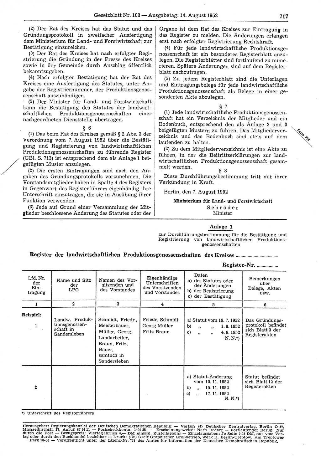 Gesetzblatt (GBl.) der Deutschen Demokratischen Republik (DDR) 1952, Seite 717 (GBl. DDR 1952, S. 717)