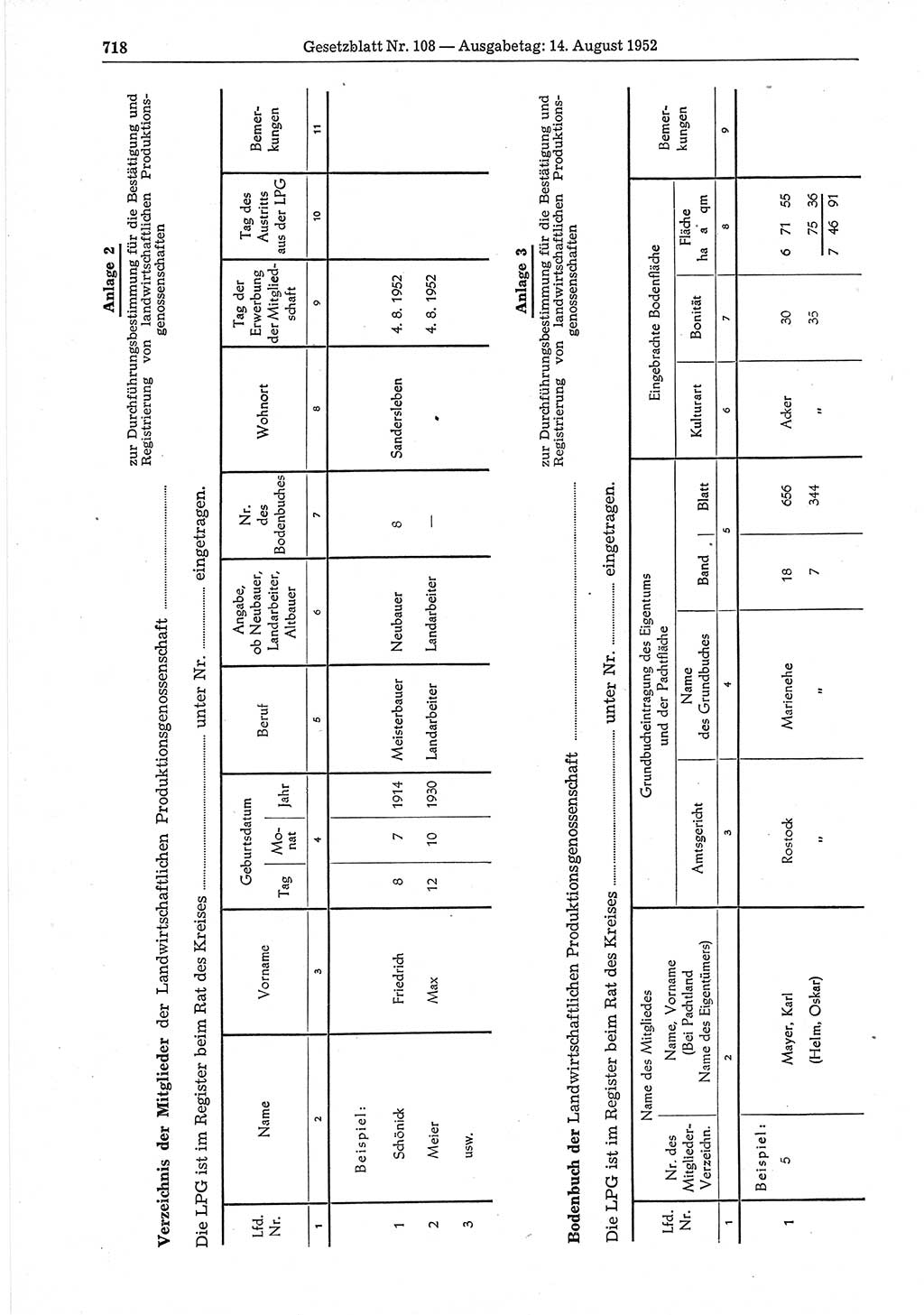 Gesetzblatt (GBl.) der Deutschen Demokratischen Republik (DDR) 1952, Seite 718 (GBl. DDR 1952, S. 718)