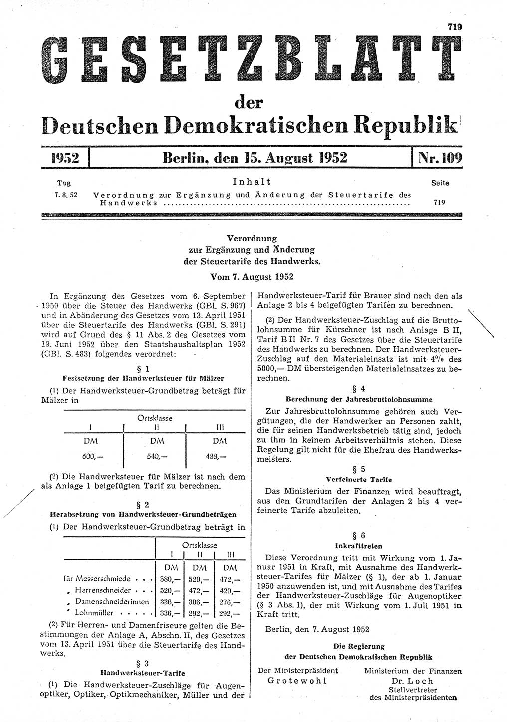 Gesetzblatt (GBl.) der Deutschen Demokratischen Republik (DDR) 1952, Seite 719 (GBl. DDR 1952, S. 719)