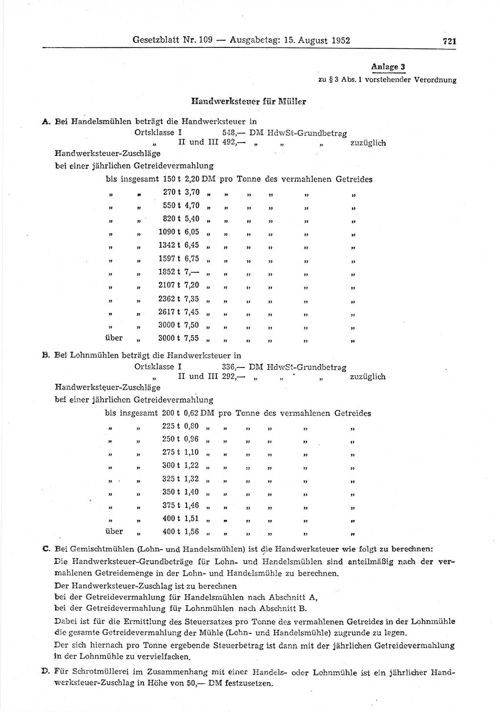 Gesetzblatt (GBl.) der Deutschen Demokratischen Republik (DDR) 1952, Seite 721 (GBl. DDR 1952, S. 721)