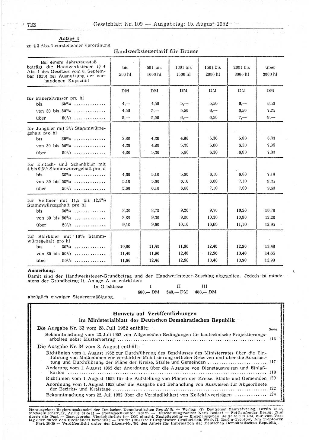Gesetzblatt (GBl.) der Deutschen Demokratischen Republik (DDR) 1952, Seite 722 (GBl. DDR 1952, S. 722)