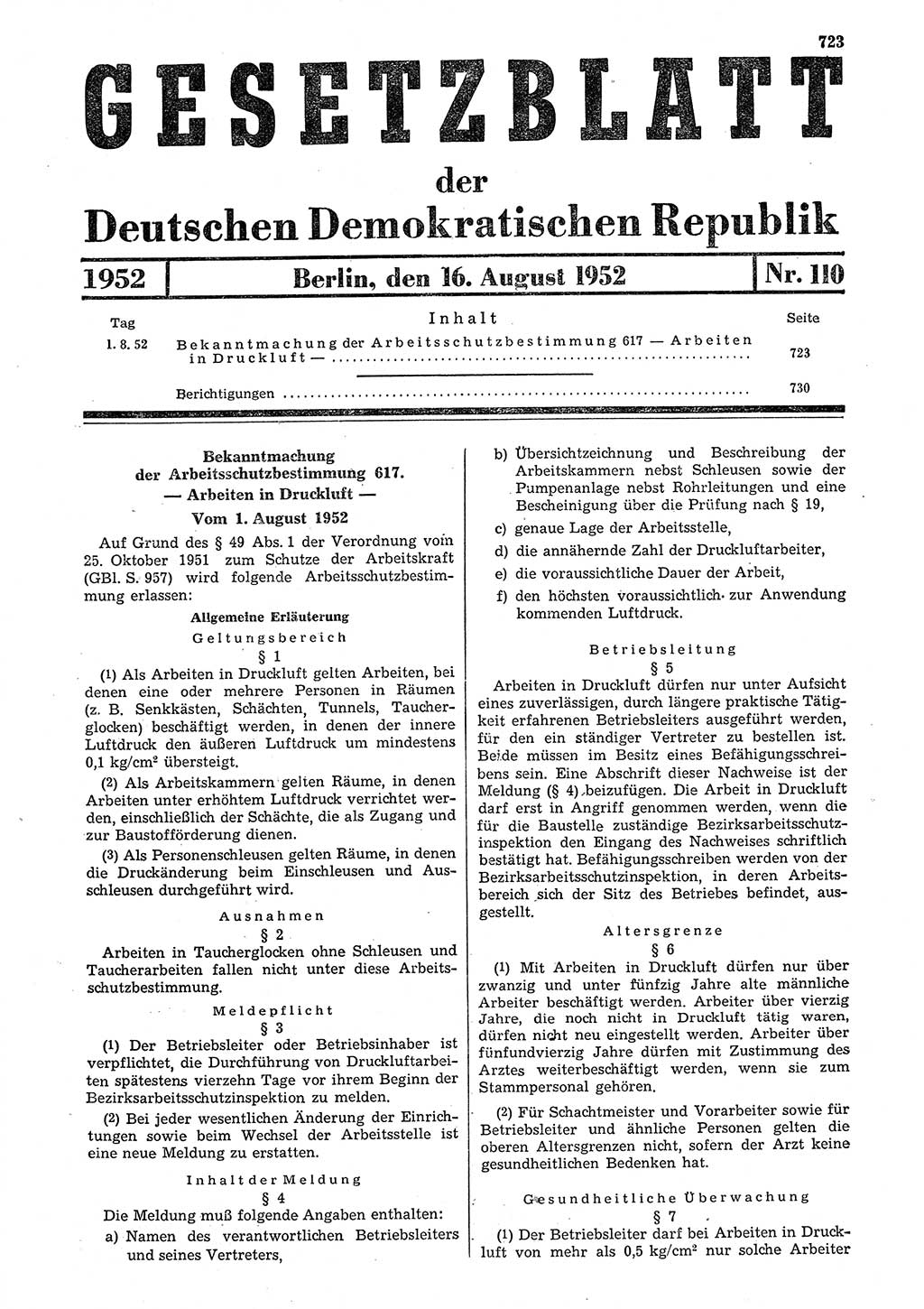 Gesetzblatt (GBl.) der Deutschen Demokratischen Republik (DDR) 1952, Seite 723 (GBl. DDR 1952, S. 723)