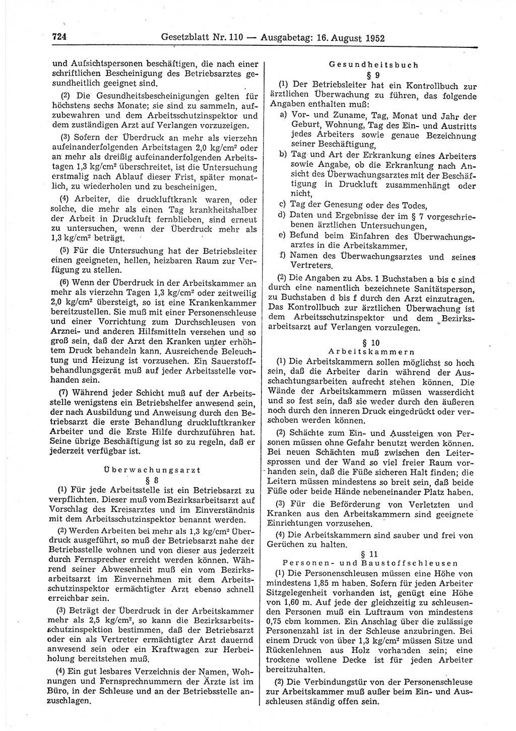 Gesetzblatt (GBl.) der Deutschen Demokratischen Republik (DDR) 1952, Seite 724 (GBl. DDR 1952, S. 724)