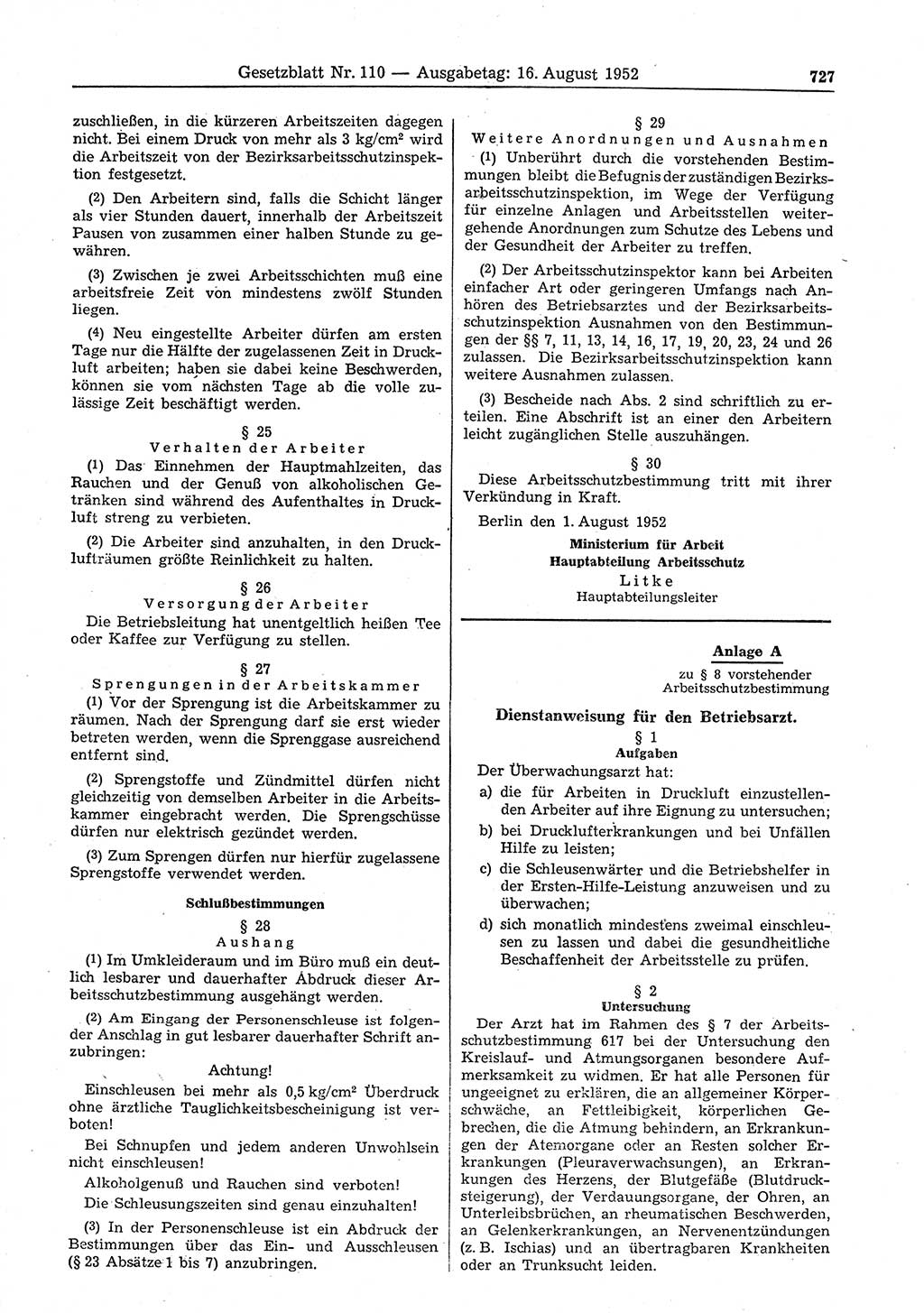 Gesetzblatt (GBl.) der Deutschen Demokratischen Republik (DDR) 1952, Seite 727 (GBl. DDR 1952, S. 727)