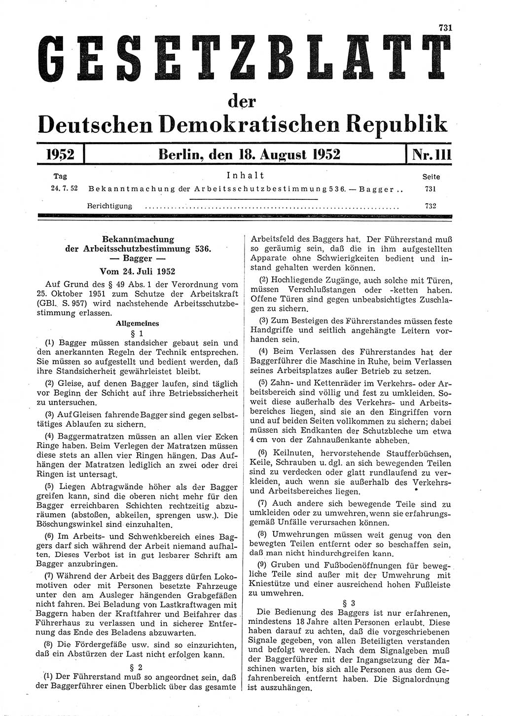 Gesetzblatt (GBl.) der Deutschen Demokratischen Republik (DDR) 1952, Seite 731 (GBl. DDR 1952, S. 731)