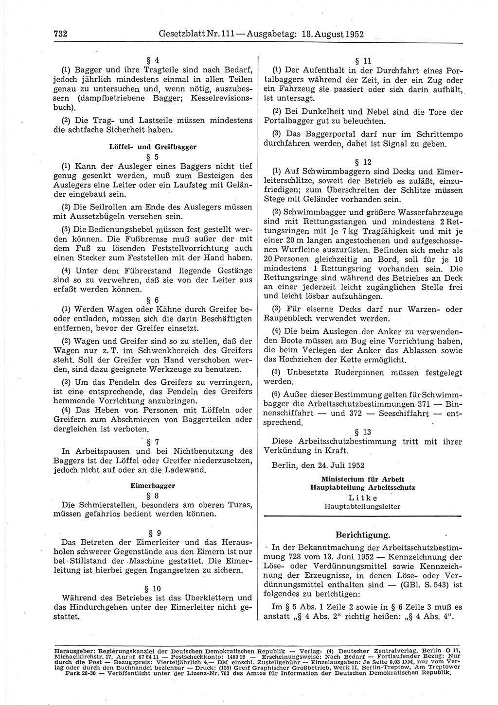 Gesetzblatt (GBl.) der Deutschen Demokratischen Republik (DDR) 1952, Seite 732 (GBl. DDR 1952, S. 732)