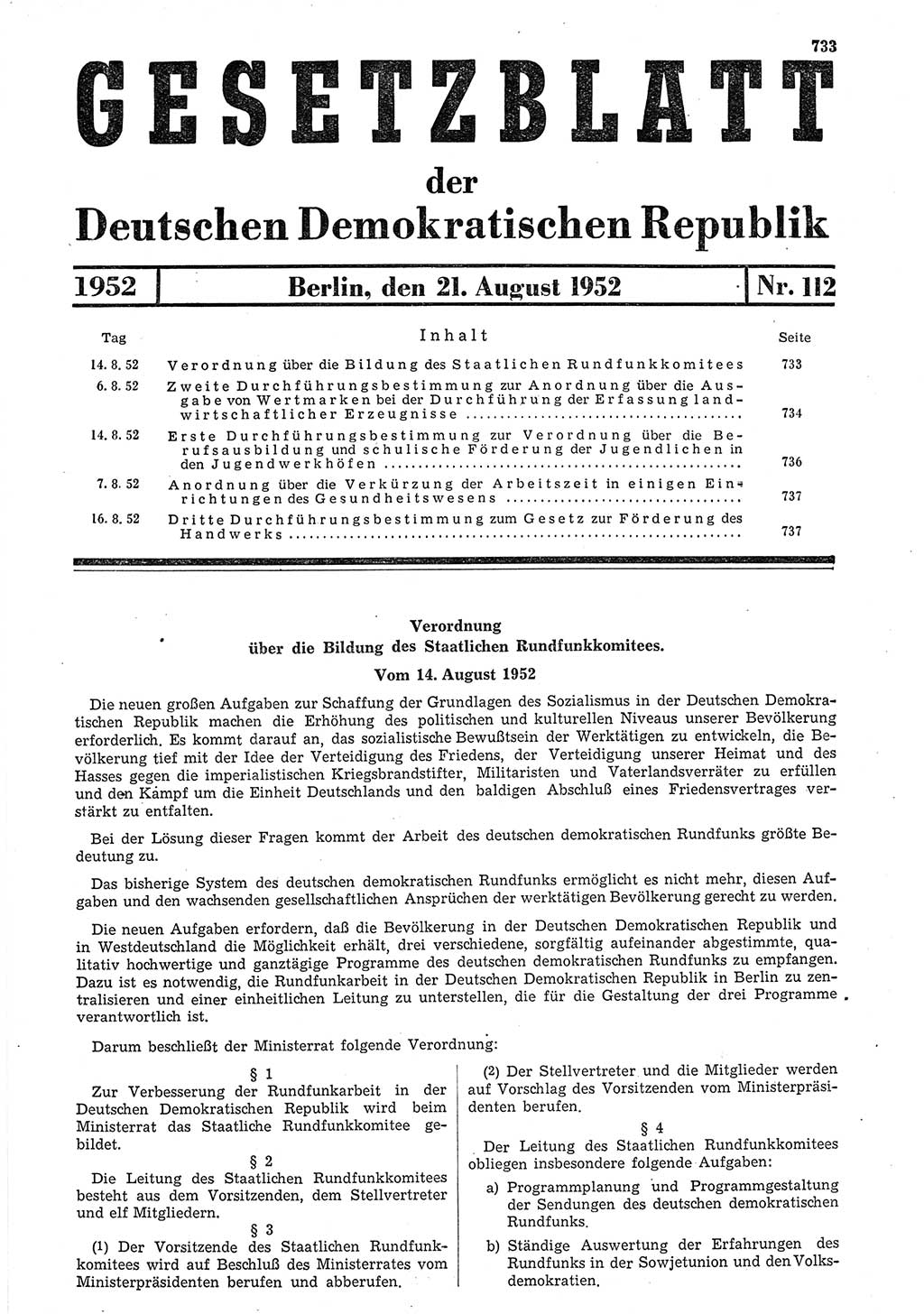Gesetzblatt (GBl.) der Deutschen Demokratischen Republik (DDR) 1952, Seite 733 (GBl. DDR 1952, S. 733)