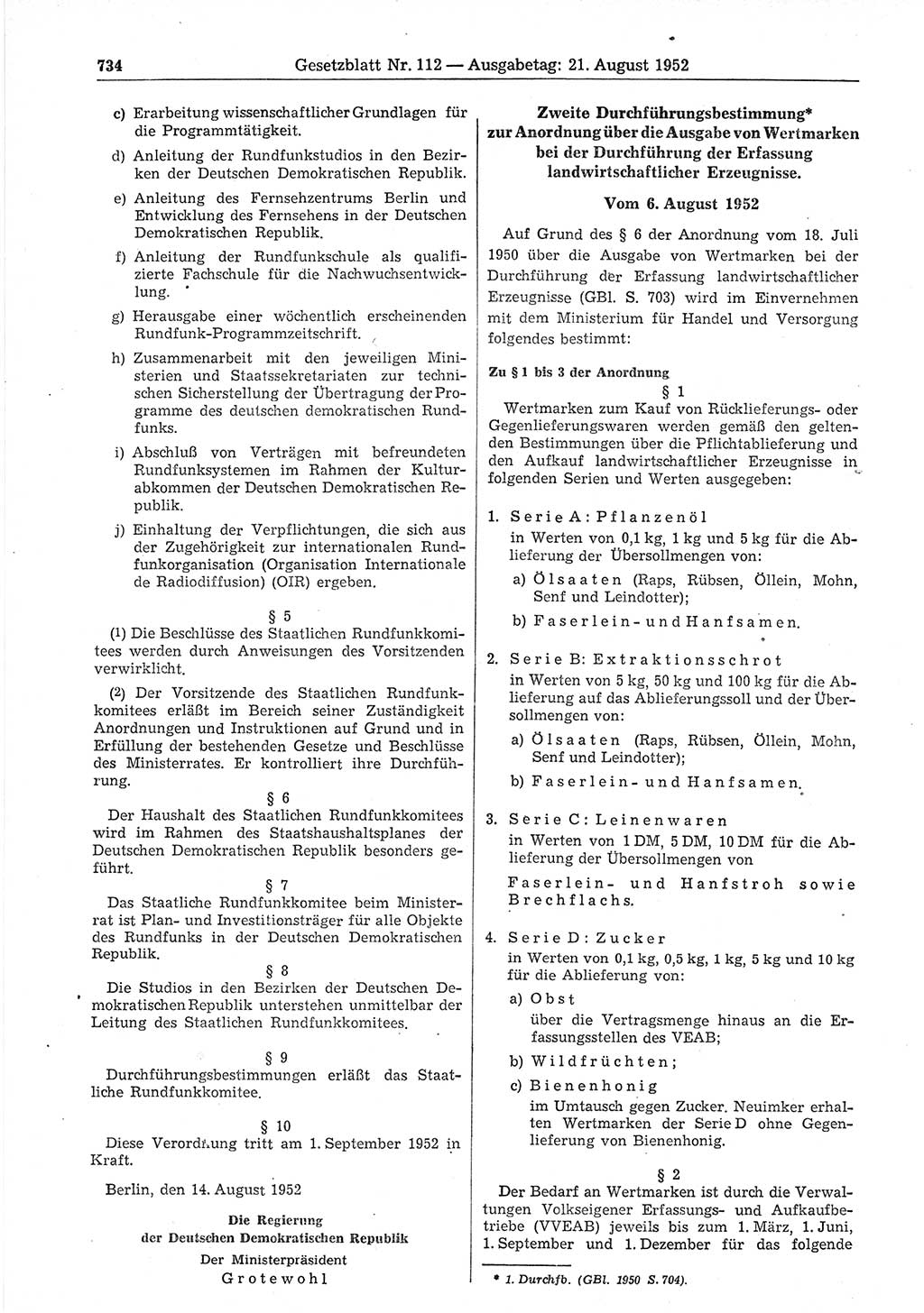 Gesetzblatt (GBl.) der Deutschen Demokratischen Republik (DDR) 1952, Seite 734 (GBl. DDR 1952, S. 734)
