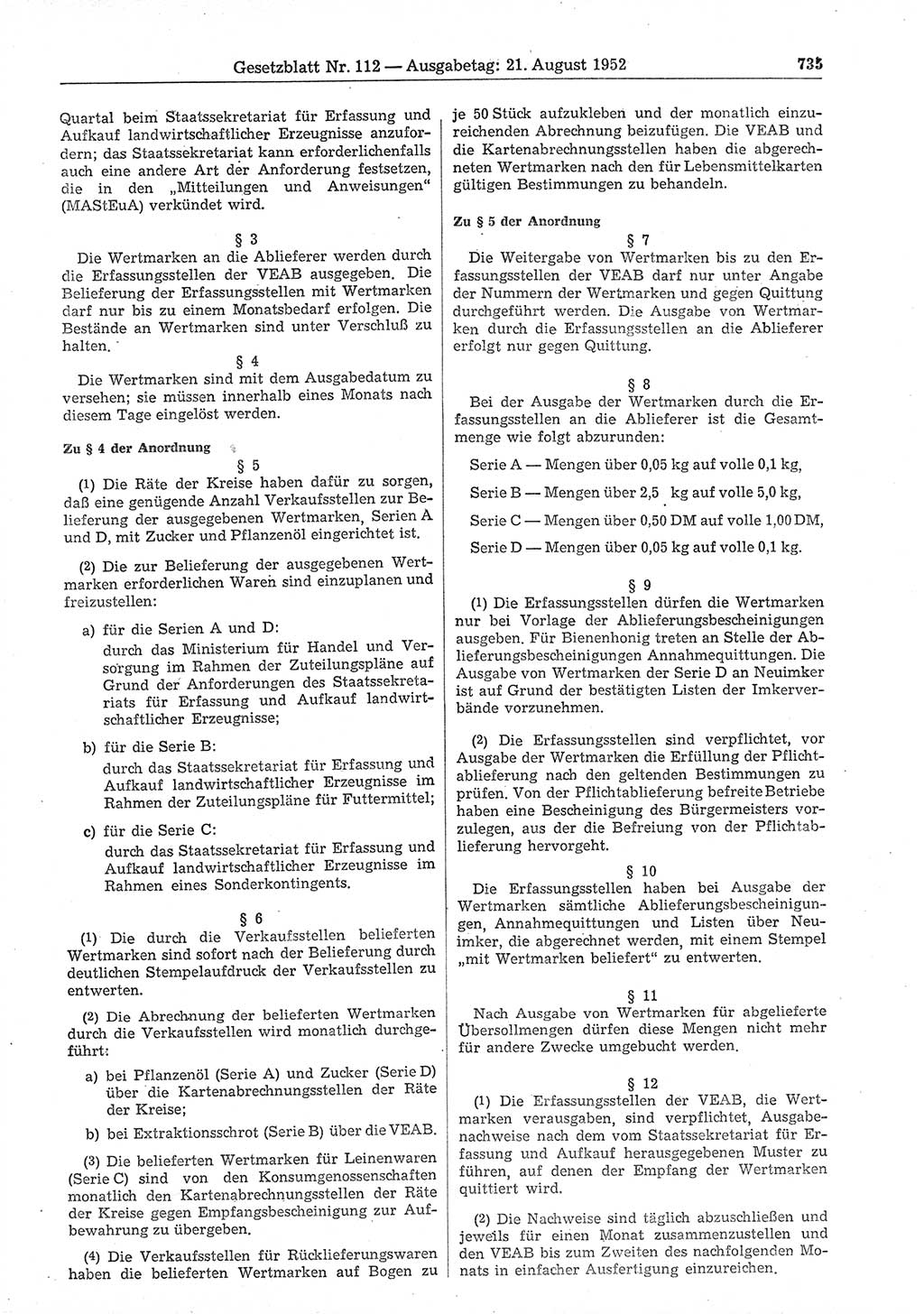 Gesetzblatt (GBl.) der Deutschen Demokratischen Republik (DDR) 1952, Seite 735 (GBl. DDR 1952, S. 735)