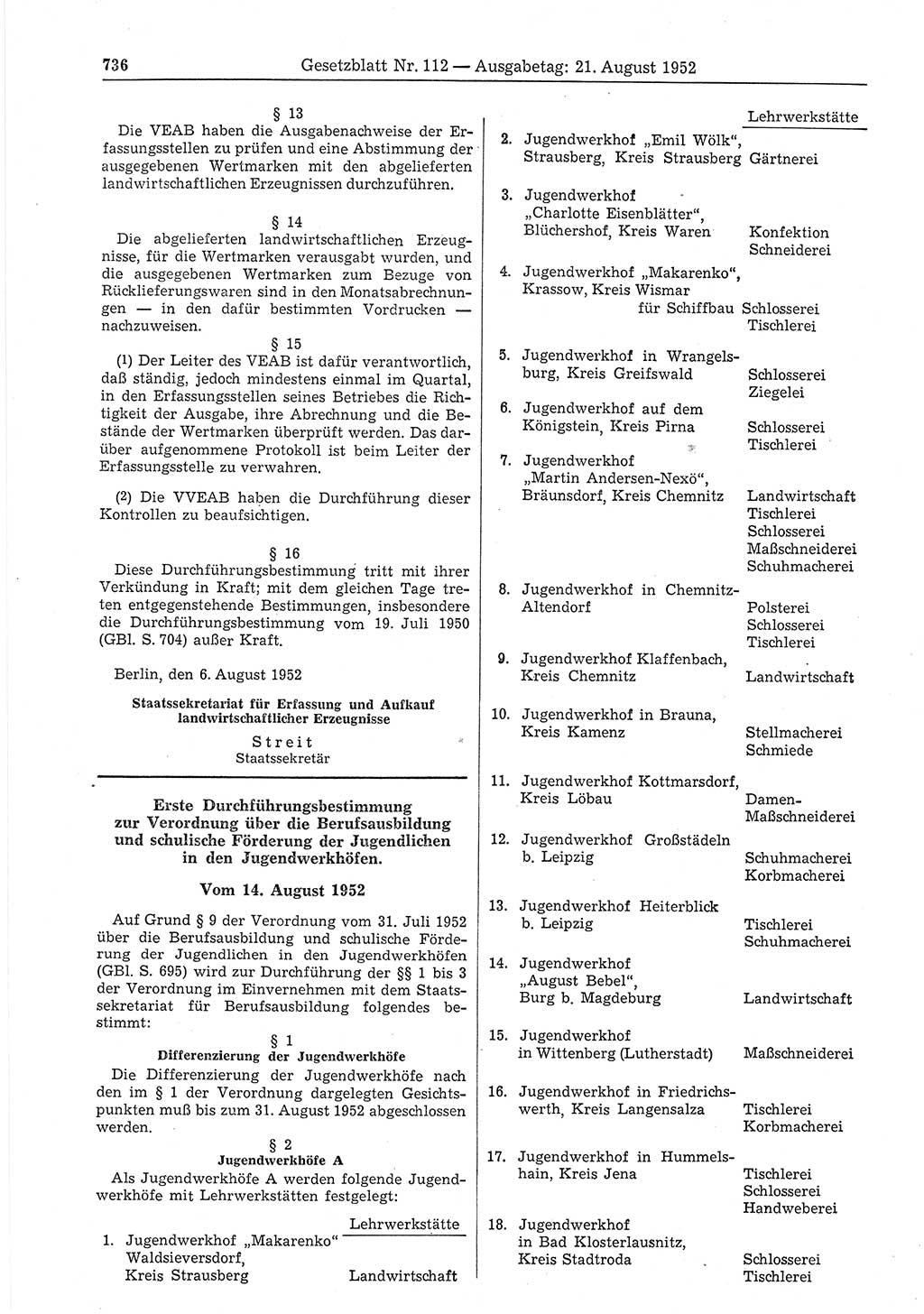 Gesetzblatt (GBl.) der Deutschen Demokratischen Republik (DDR) 1952, Seite 736 (GBl. DDR 1952, S. 736)
