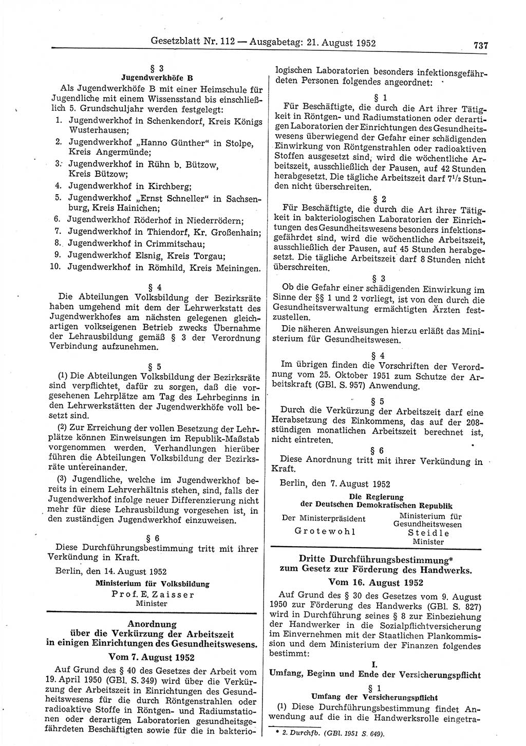 Gesetzblatt (GBl.) der Deutschen Demokratischen Republik (DDR) 1952, Seite 737 (GBl. DDR 1952, S. 737)