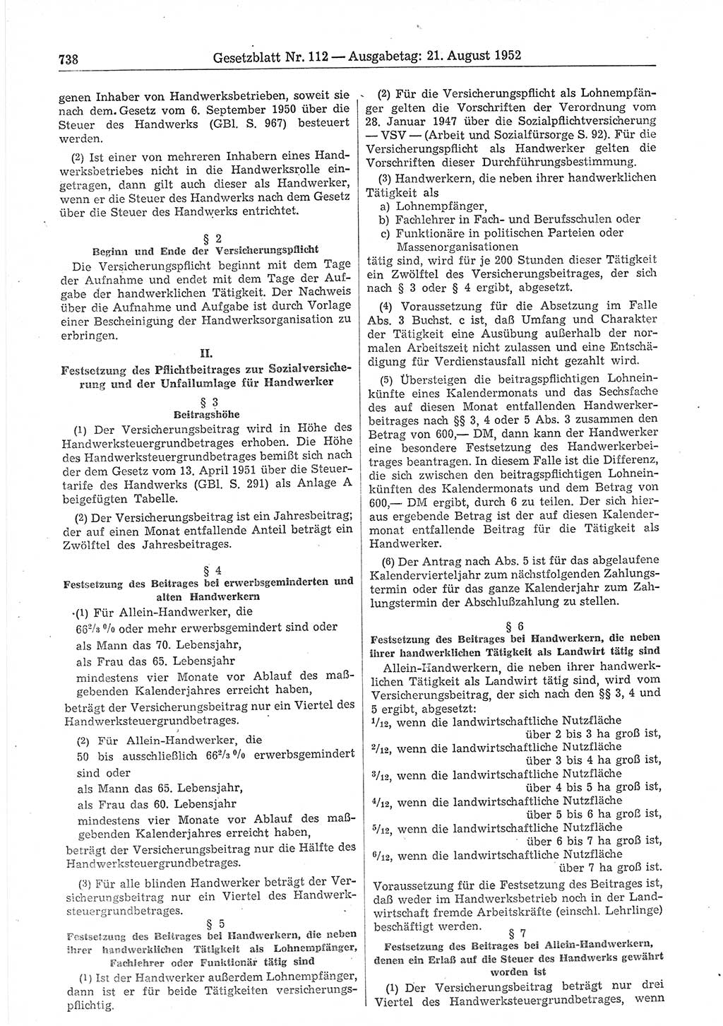 Gesetzblatt (GBl.) der Deutschen Demokratischen Republik (DDR) 1952, Seite 738 (GBl. DDR 1952, S. 738)