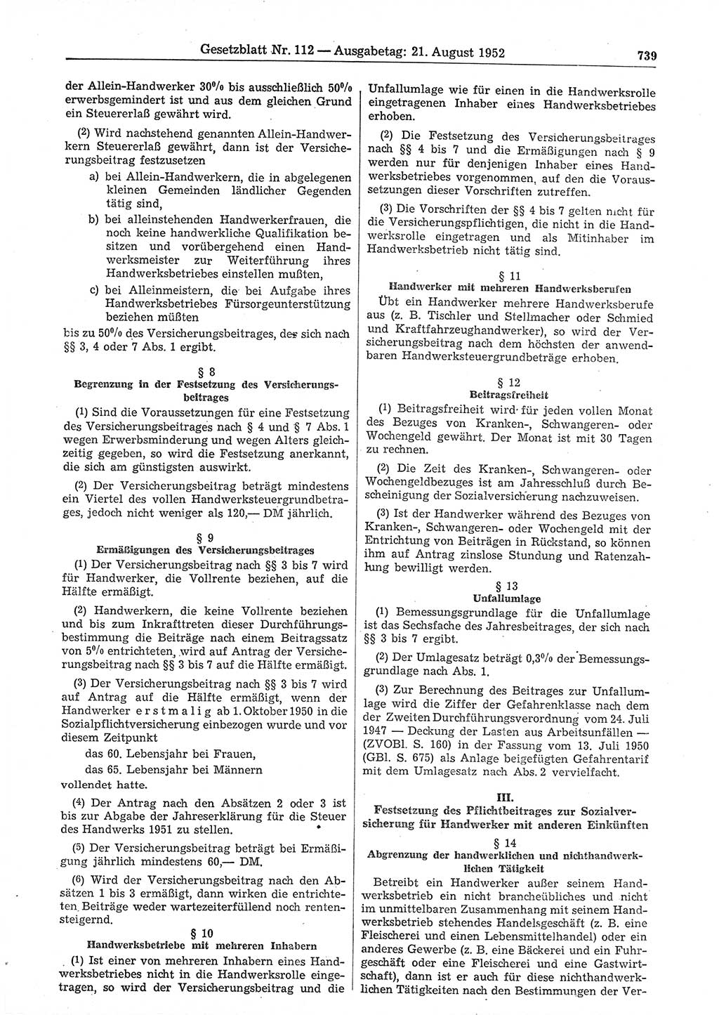 Gesetzblatt (GBl.) der Deutschen Demokratischen Republik (DDR) 1952, Seite 739 (GBl. DDR 1952, S. 739)