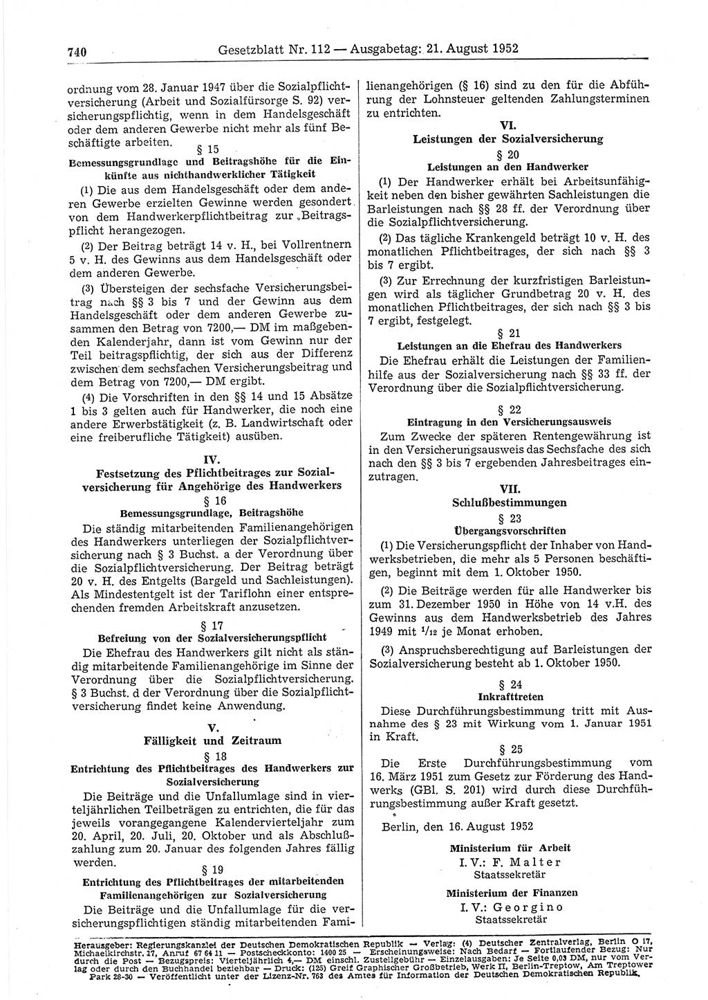Gesetzblatt (GBl.) der Deutschen Demokratischen Republik (DDR) 1952, Seite 740 (GBl. DDR 1952, S. 740)