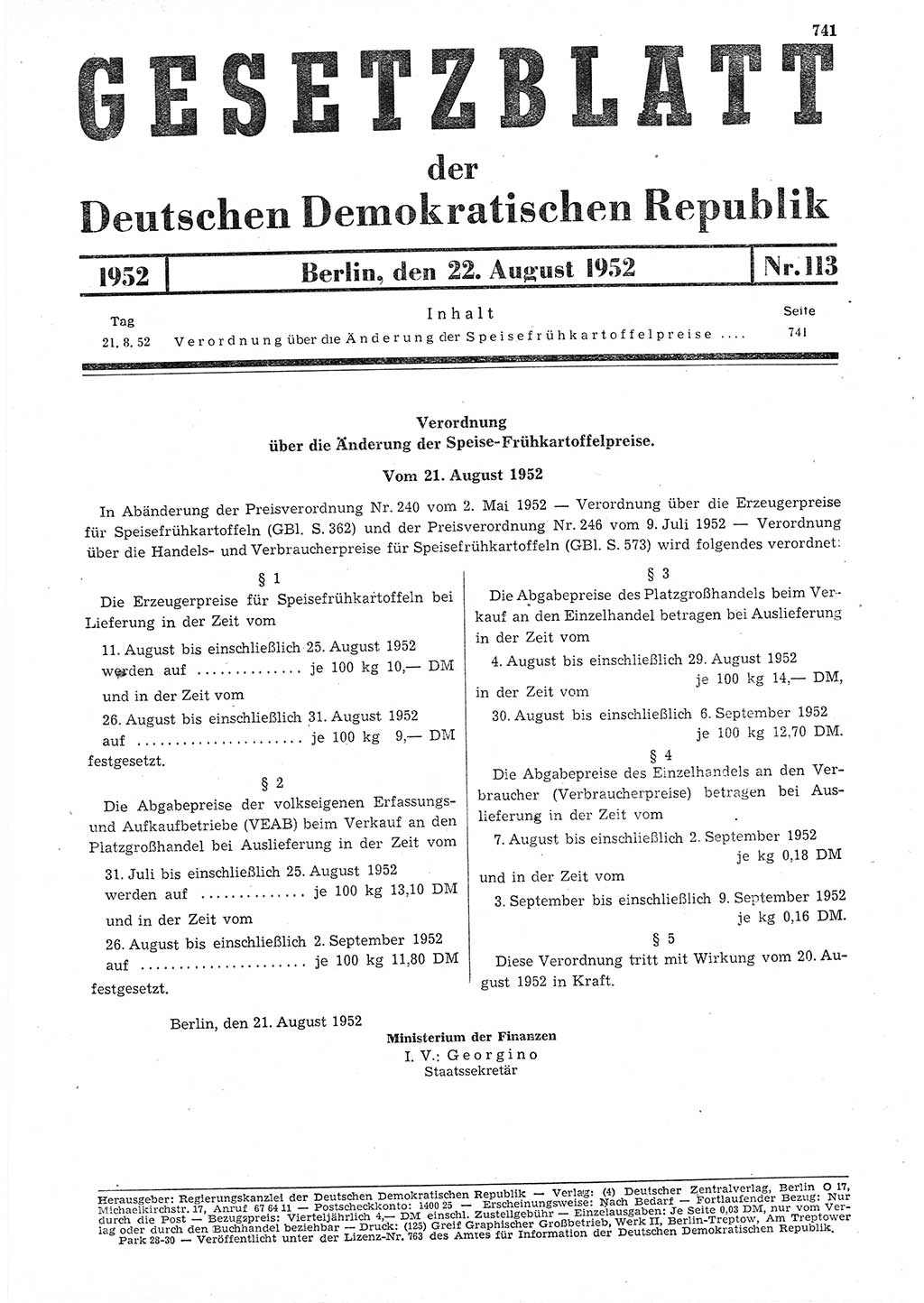 Gesetzblatt (GBl.) der Deutschen Demokratischen Republik (DDR) 1952, Seite 741 (GBl. DDR 1952, S. 741)