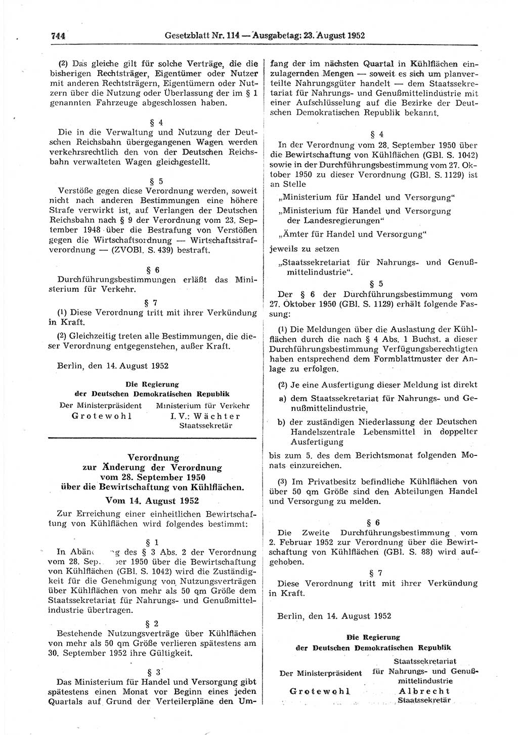 Gesetzblatt (GBl.) der Deutschen Demokratischen Republik (DDR) 1952, Seite 744 (GBl. DDR 1952, S. 744)