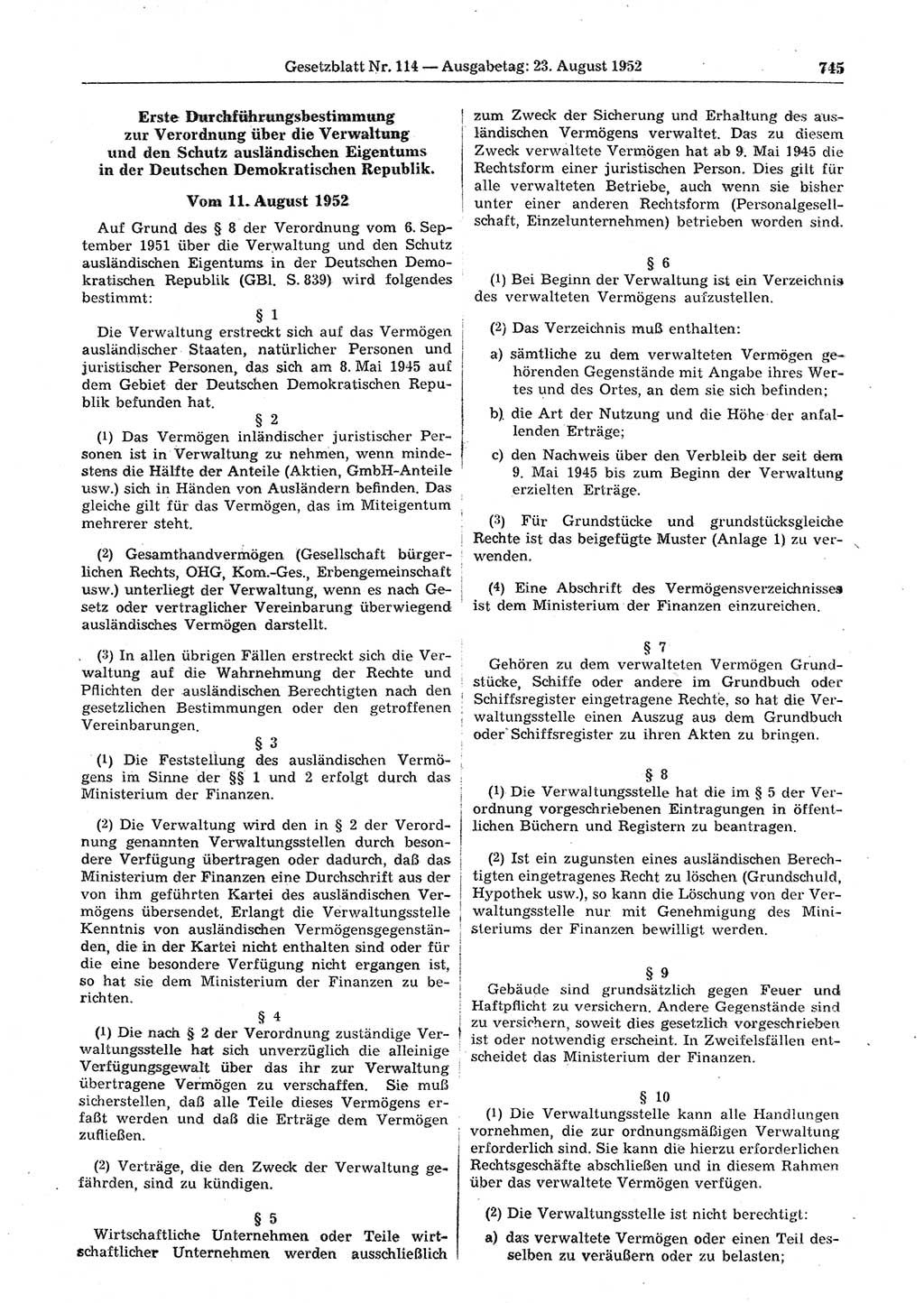 Gesetzblatt (GBl.) der Deutschen Demokratischen Republik (DDR) 1952, Seite 745 (GBl. DDR 1952, S. 745)