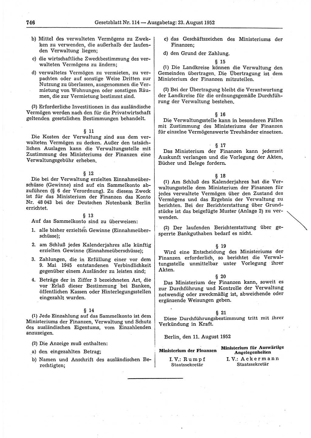 Gesetzblatt (GBl.) der Deutschen Demokratischen Republik (DDR) 1952, Seite 746 (GBl. DDR 1952, S. 746)