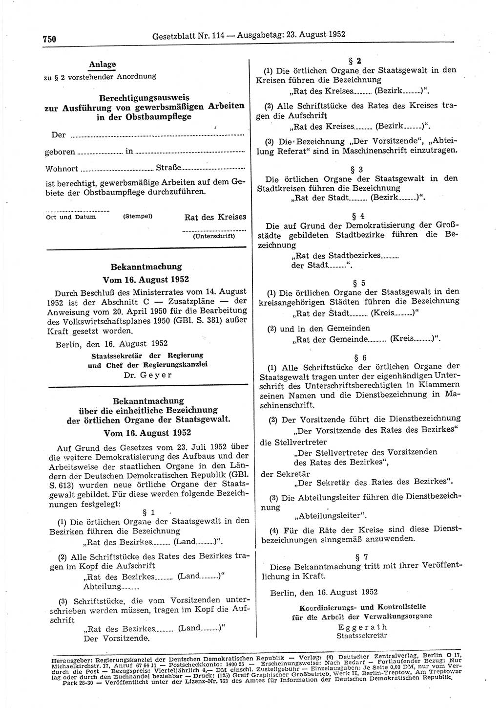 Gesetzblatt (GBl.) der Deutschen Demokratischen Republik (DDR) 1952, Seite 750 (GBl. DDR 1952, S. 750)