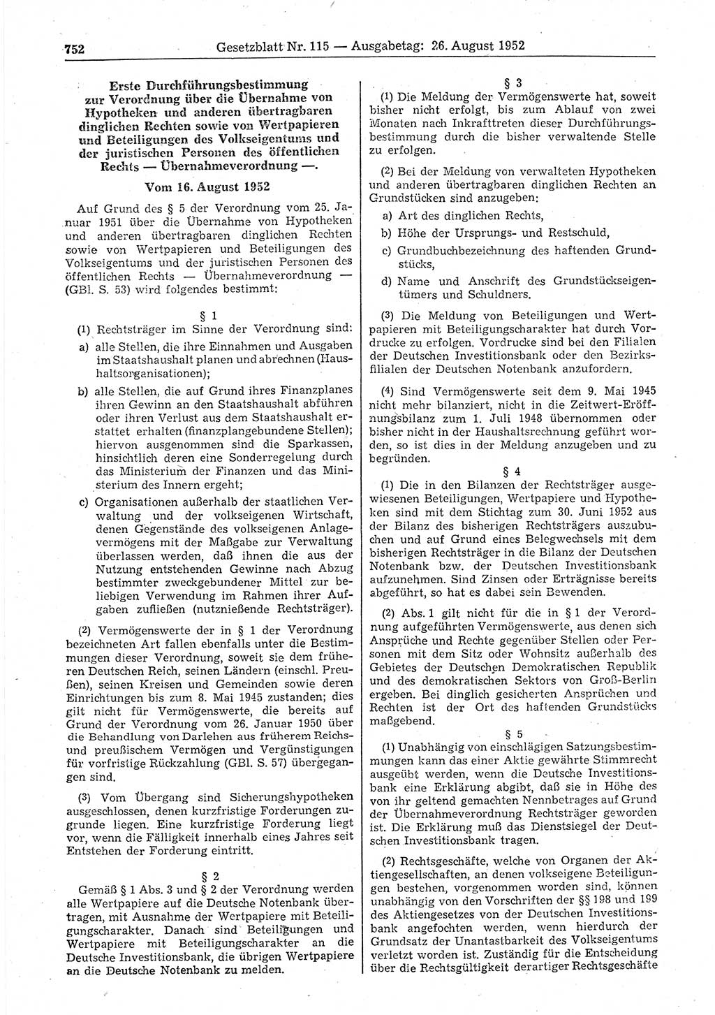 Gesetzblatt (GBl.) der Deutschen Demokratischen Republik (DDR) 1952, Seite 752 (GBl. DDR 1952, S. 752)