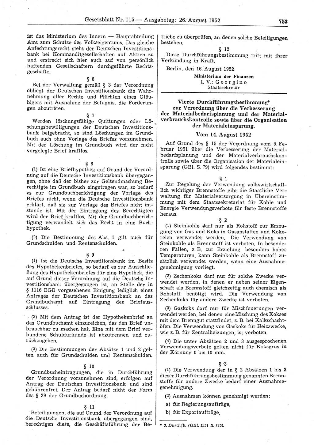 Gesetzblatt (GBl.) der Deutschen Demokratischen Republik (DDR) 1952, Seite 753 (GBl. DDR 1952, S. 753)