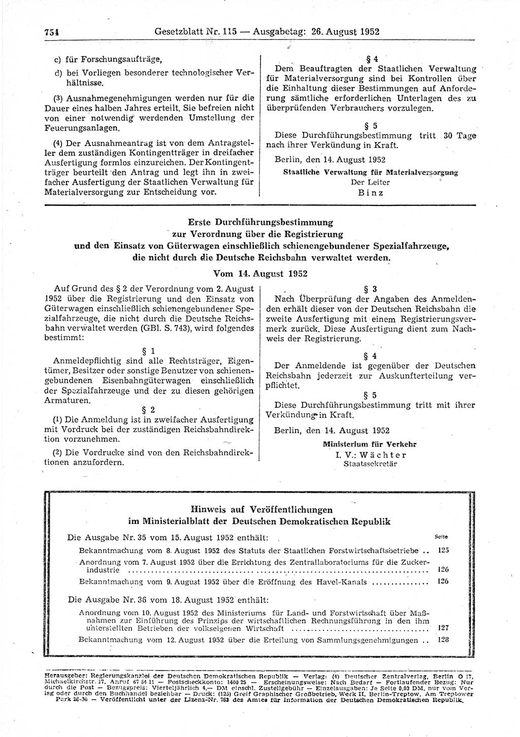 Gesetzblatt (GBl.) der Deutschen Demokratischen Republik (DDR) 1952, Seite 754 (GBl. DDR 1952, S. 754)