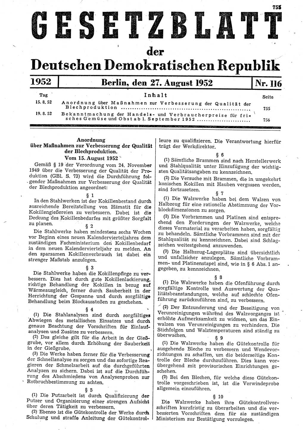 Gesetzblatt (GBl.) der Deutschen Demokratischen Republik (DDR) 1952, Seite 755 (GBl. DDR 1952, S. 755)