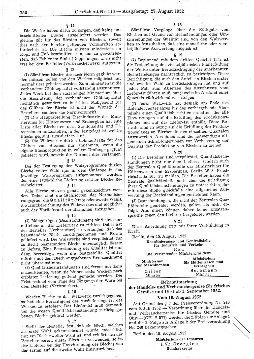 Gesetzblatt (GBl.) der Deutschen Demokratischen Republik (DDR) 1952, Seite 756 (GBl. DDR 1952, S. 756)