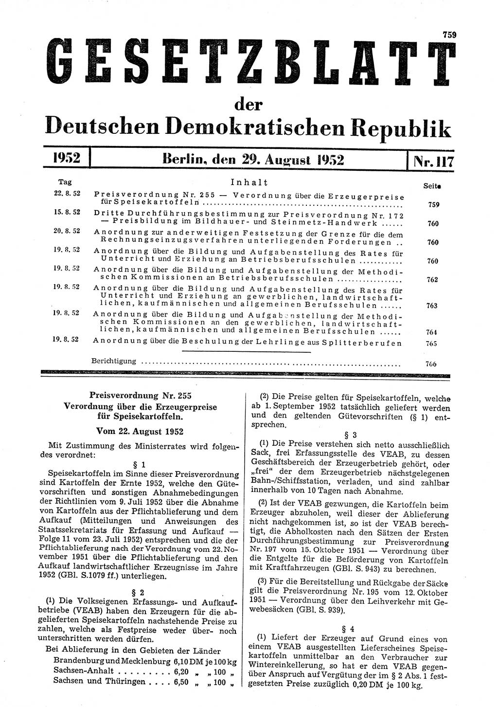 Gesetzblatt (GBl.) der Deutschen Demokratischen Republik (DDR) 1952, Seite 759 (GBl. DDR 1952, S. 759)