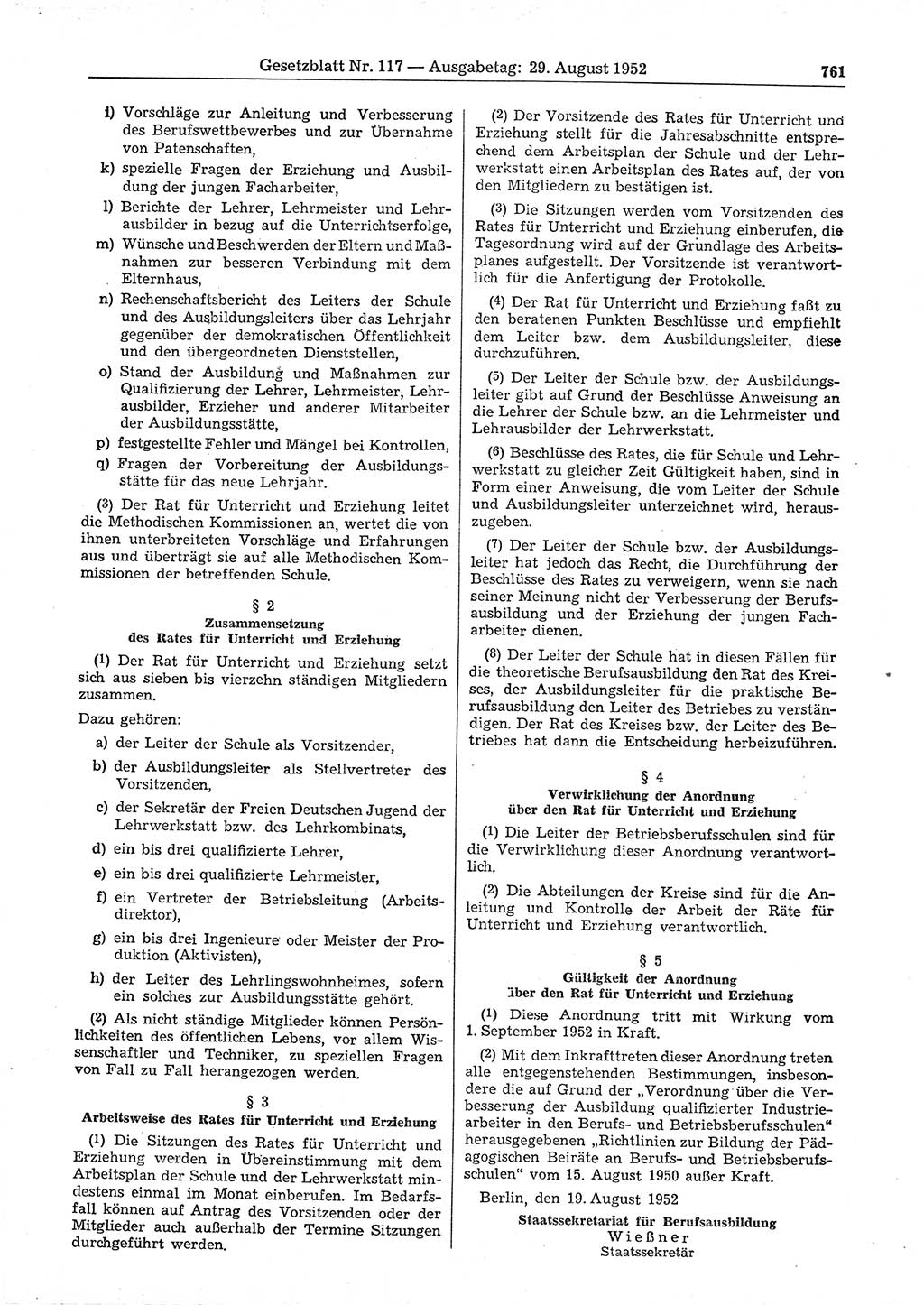 Gesetzblatt (GBl.) der Deutschen Demokratischen Republik (DDR) 1952, Seite 761 (GBl. DDR 1952, S. 761)