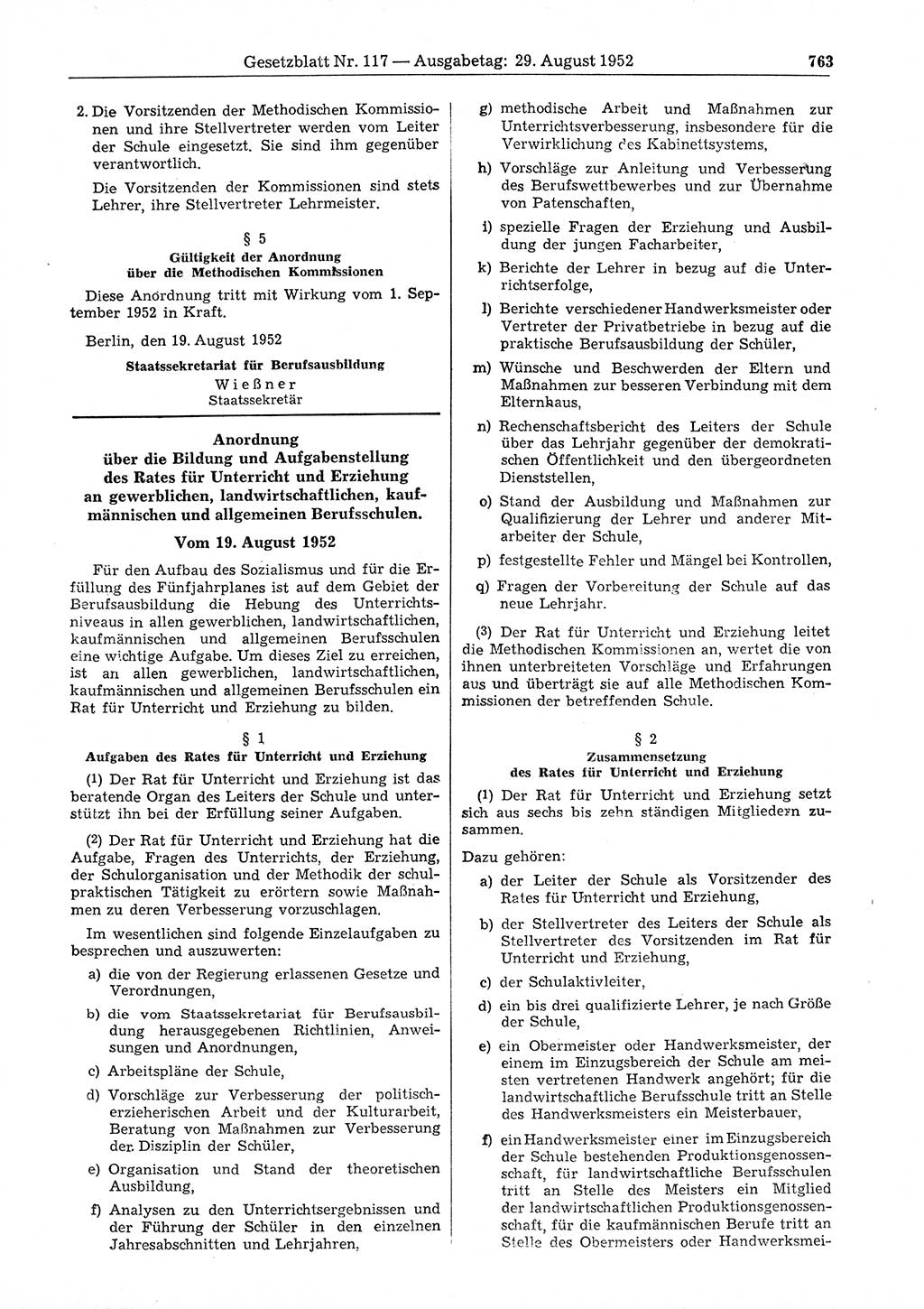 Gesetzblatt (GBl.) der Deutschen Demokratischen Republik (DDR) 1952, Seite 763 (GBl. DDR 1952, S. 763)