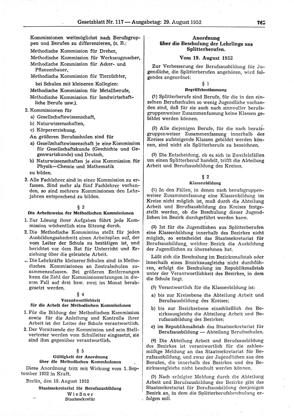 Gesetzblatt (GBl.) der Deutschen Demokratischen Republik (DDR) 1952, Seite 765 (GBl. DDR 1952, S. 765)