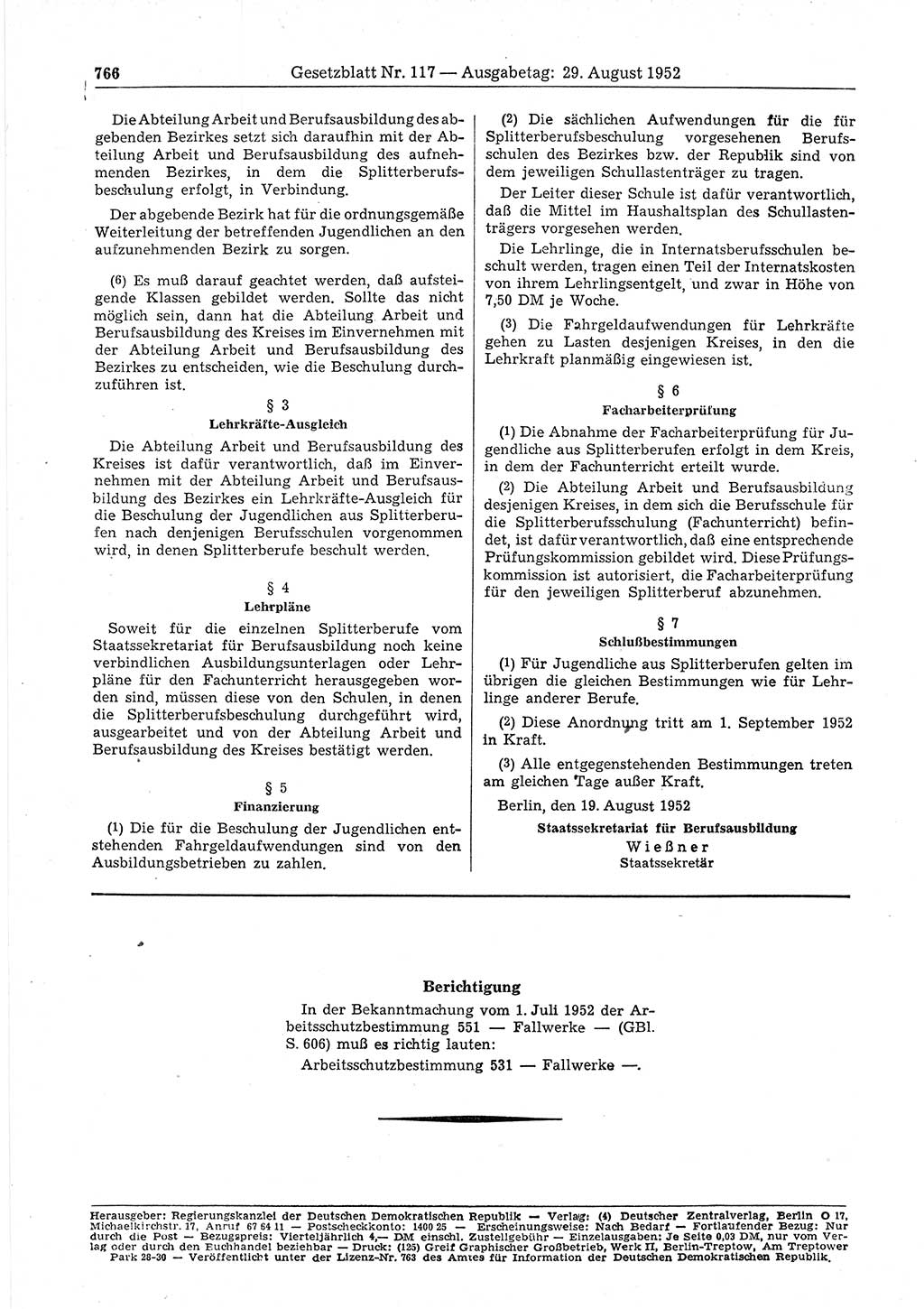 Gesetzblatt (GBl.) der Deutschen Demokratischen Republik (DDR) 1952, Seite 766 (GBl. DDR 1952, S. 766)