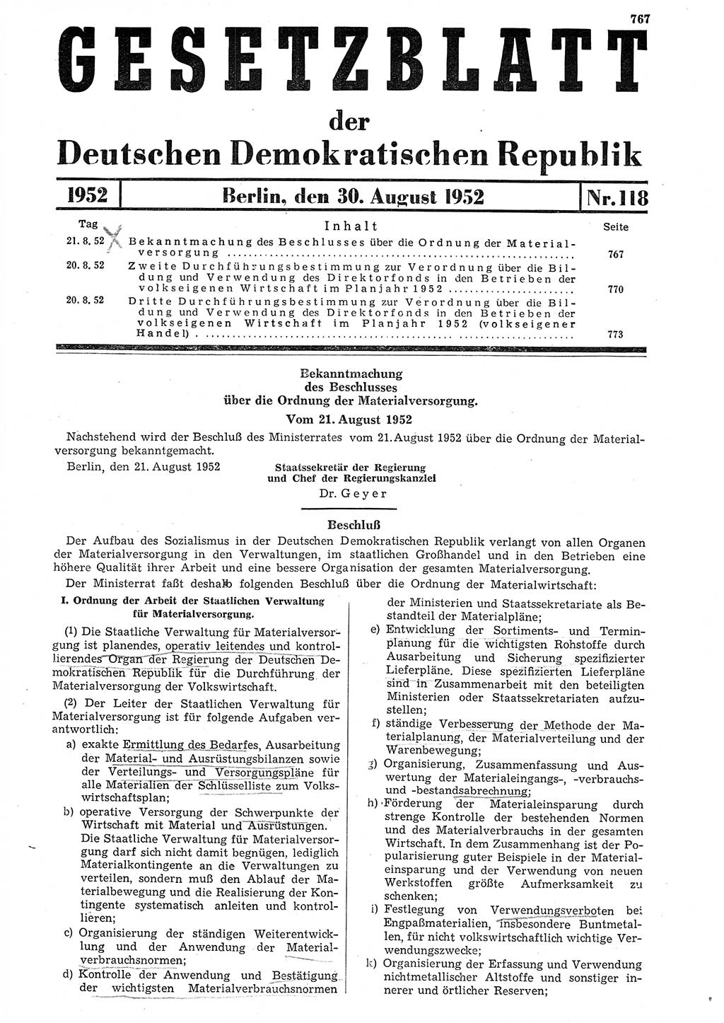 Gesetzblatt (GBl.) der Deutschen Demokratischen Republik (DDR) 1952, Seite 767 (GBl. DDR 1952, S. 767)