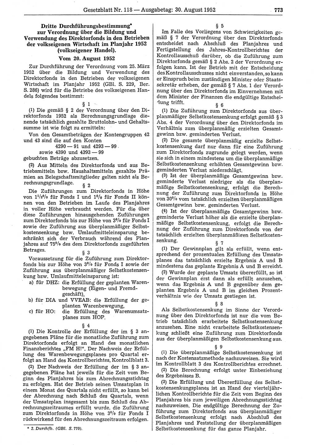 Gesetzblatt (GBl.) der Deutschen Demokratischen Republik (DDR) 1952, Seite 773 (GBl. DDR 1952, S. 773)